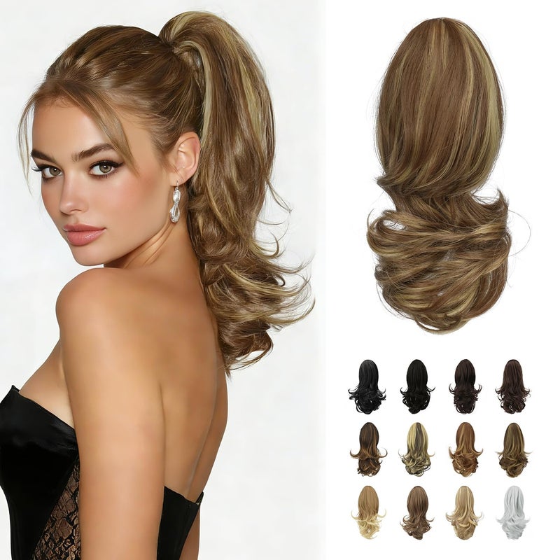SOFEIYAN 13" Ponytail Extension Long Curly Ponytail Clip in Claw Hair Extension Natural Looking Synthetic Hairpiece for Women, Brown & Blonde - Image 1